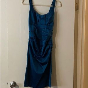 Blue satin ruched cocktail dress